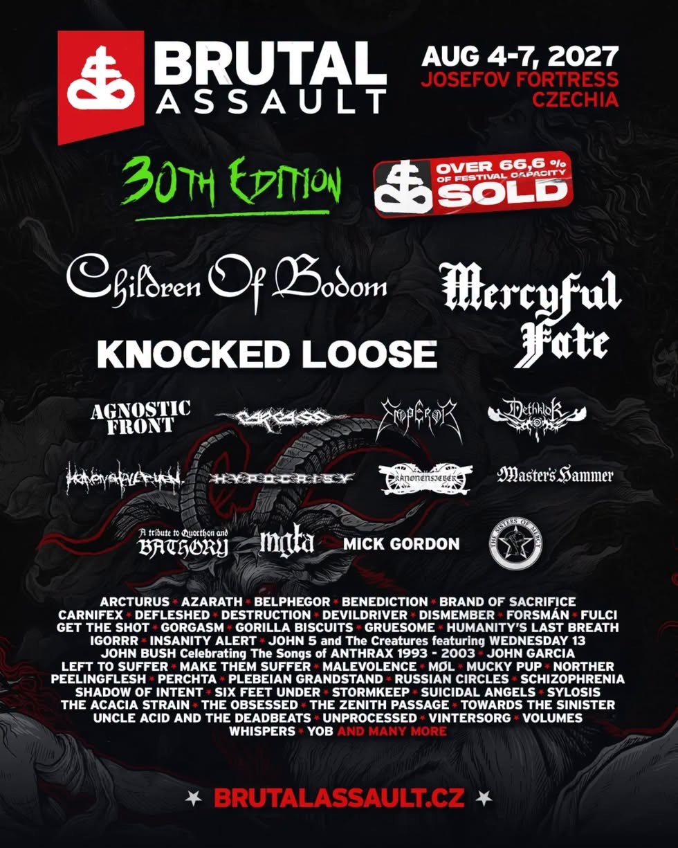 Плакат за Brutal Assault на 4–7 август 2027 г. — Jaroměř, CZ.